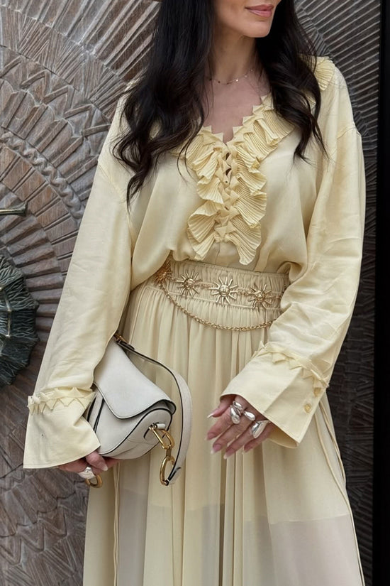 Ruffled V-Neck Long Sleeve Blouse