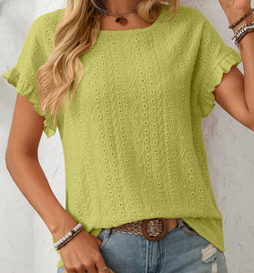 Ruffle Sleeve Eyelet T-Shirt