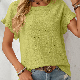 Ruffle Sleeve Eyelet T-Shirt