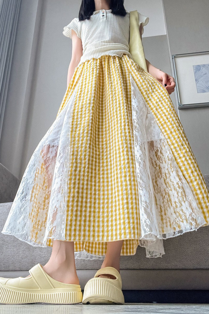 Gingham Lace Midi Skirt