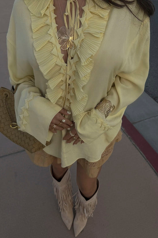 Ruffled V-Neck Long Sleeve Blouse