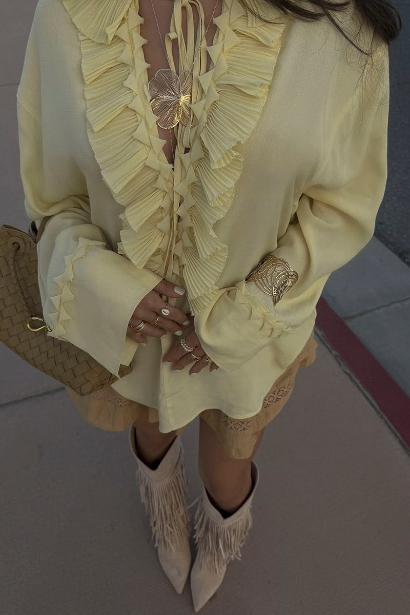 Ruffled V-Neck Long Sleeve Blouse