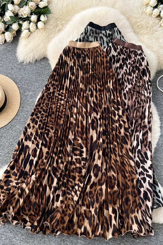 Leopard Print Pleated Midi Skirt