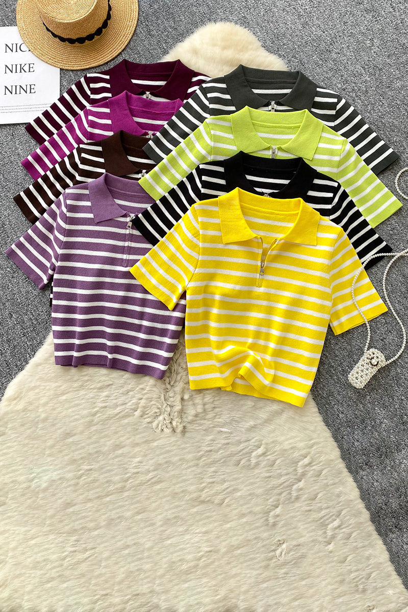 Striped Polo Zipper T-Shirt
