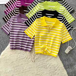Striped Polo Zipper T-Shirt