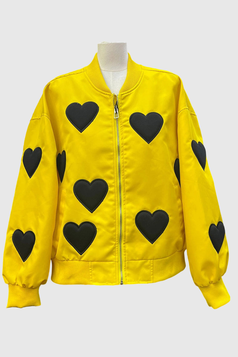 Heart Patterned Zip-Up Bomber Jacket