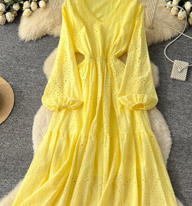 Elegant V-Neck Eyelet Casual Dress