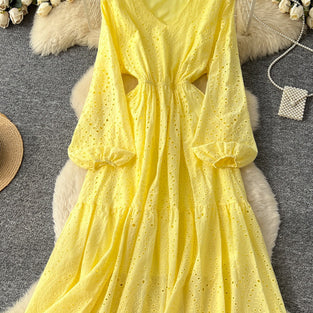 Elegant V-Neck Eyelet Casual Dress
