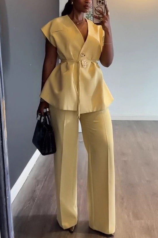 Elegant Peplum Belted Pants Set
