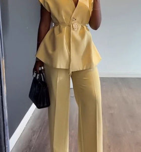 Elegant Peplum Belted Pants Set