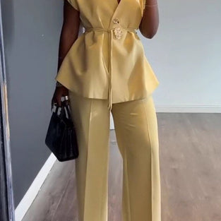 Elegant Peplum Belted Pants Set