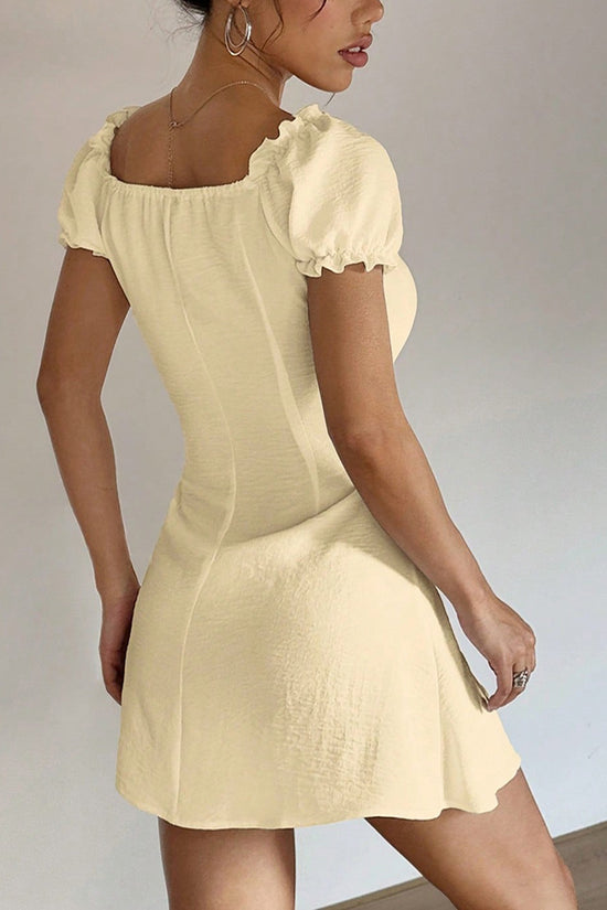 Button-Front Puff Sleeve Mini Dress