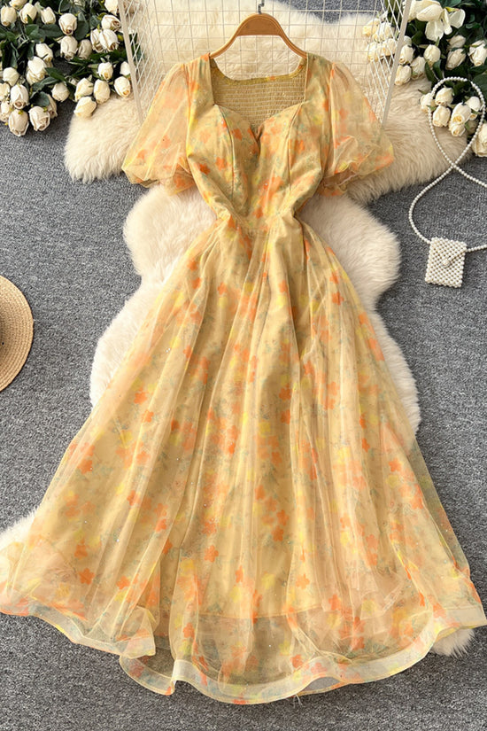 Elegant Floral Puff Sleeve Casual Dress