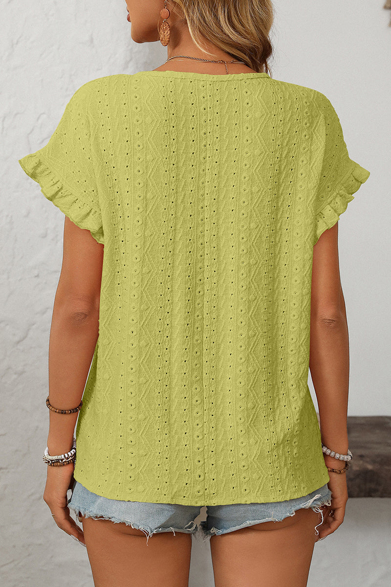 Ruffle Sleeve Eyelet T-Shirt