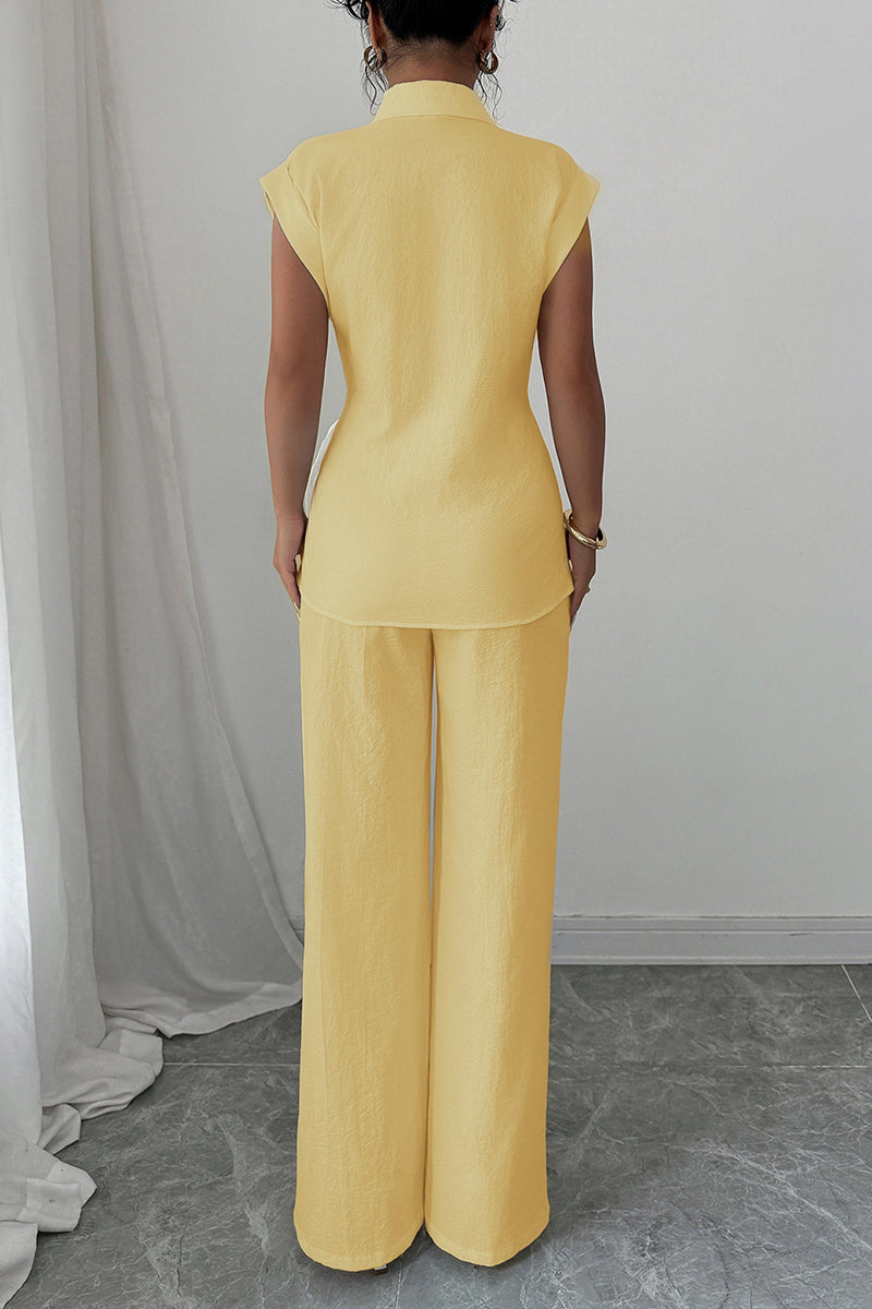 Elegant Sleeveless Shirt and Wide-Leg Pants Set