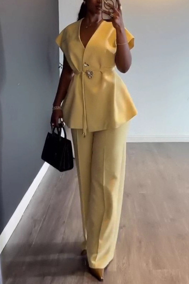 Elegant Peplum Belted Pants Set