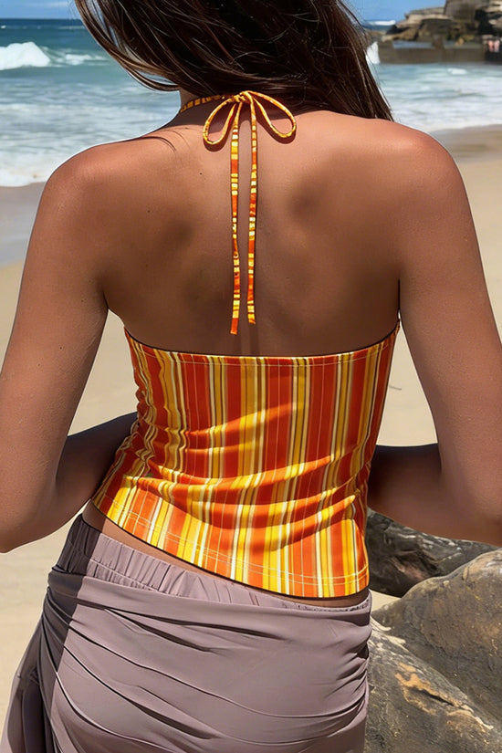 Striped Lace Trim Halter Top
