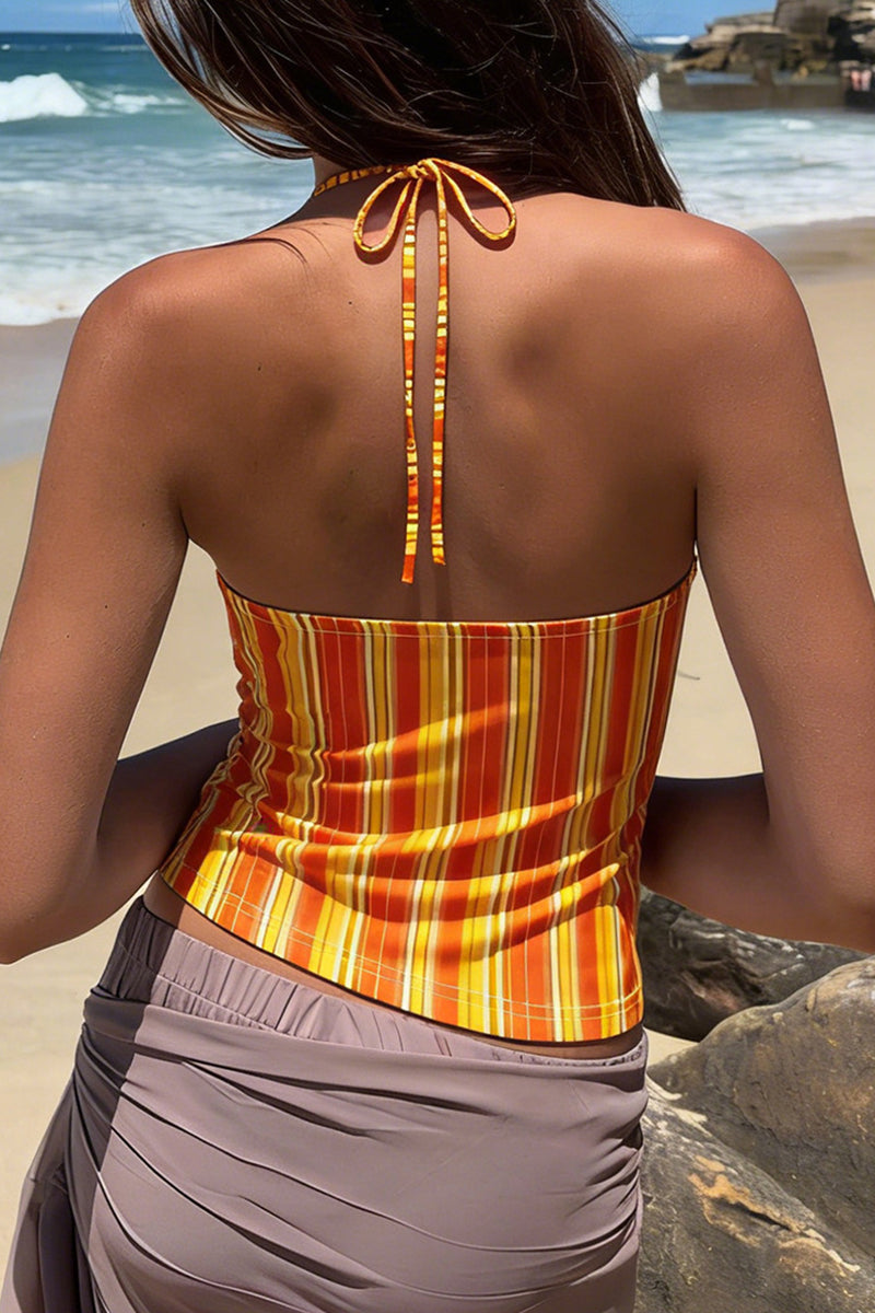 Striped Lace Trim Halter Top