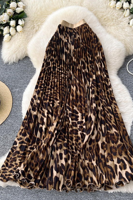 Leopard Print Pleated Midi Skirt