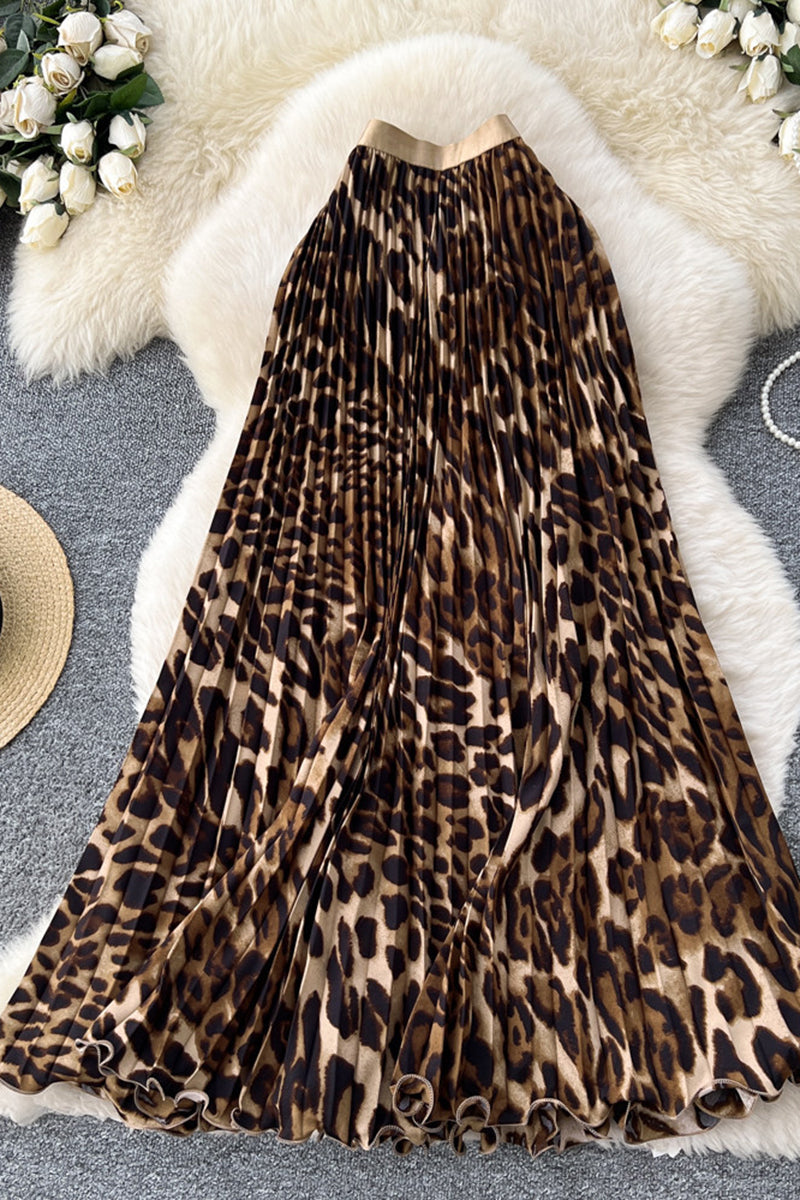 Leopard Print Pleated Midi Skirt