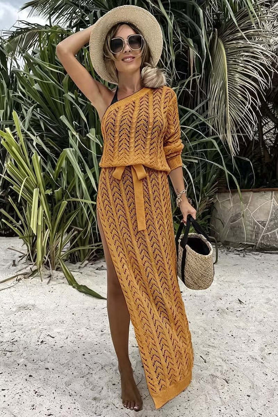 One-Shoulder Knit Belted Casual Dress