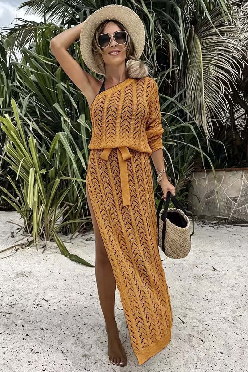 One-Shoulder Knit Belted Casual Dress