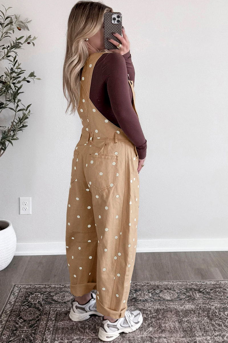 Polka Dot Denim Barrel Overalls Jumpsuit