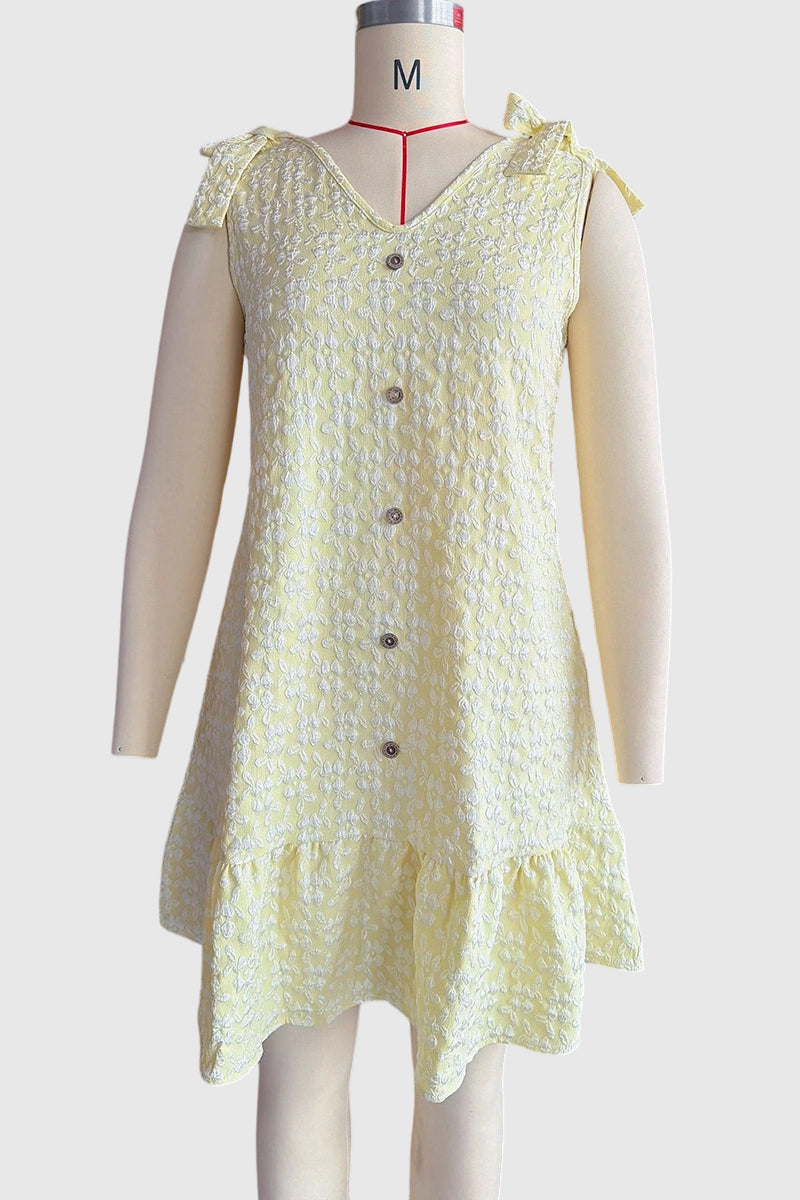 Button-Front Ruffle Hem Casual Dress