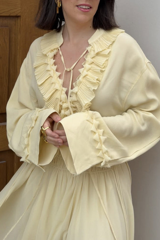 Ruffled V-Neck Long Sleeve Blouse