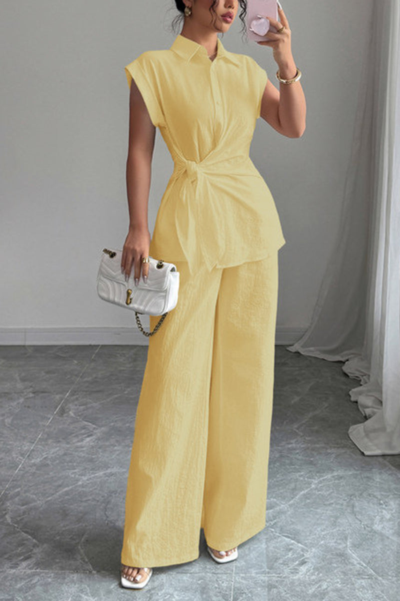 Elegant Sleeveless Shirt and Wide-Leg Pants Set