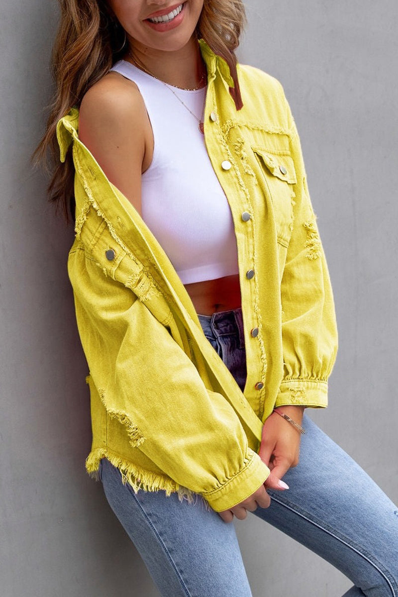 Distressed Denim Jacket with Frayed Hem