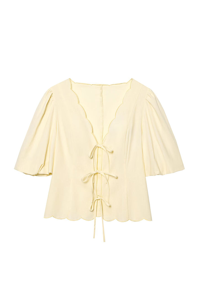 Scalloped Tie-Front Blouse