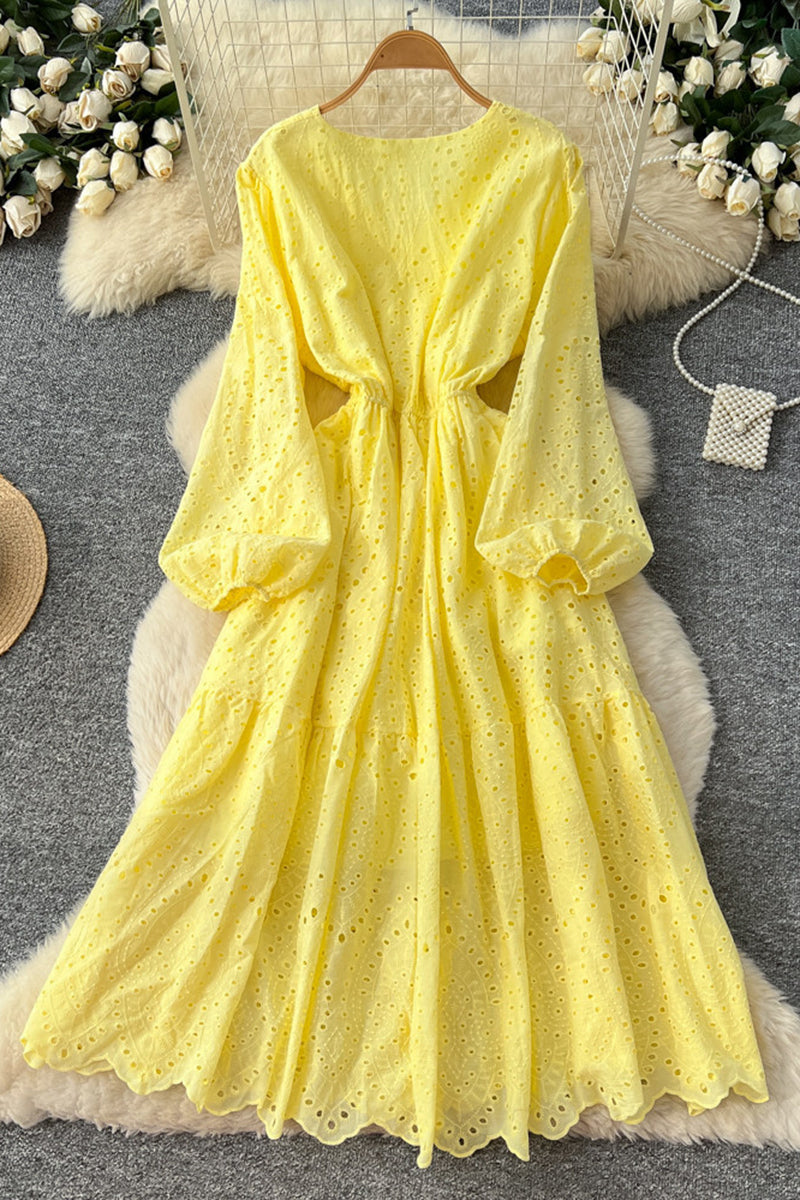Elegant V-Neck Eyelet Casual Dress