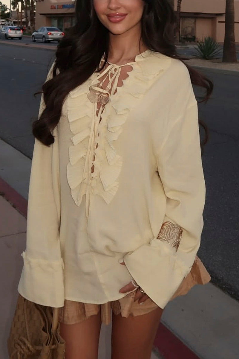 Ruffled V-Neck Long Sleeve Blouse