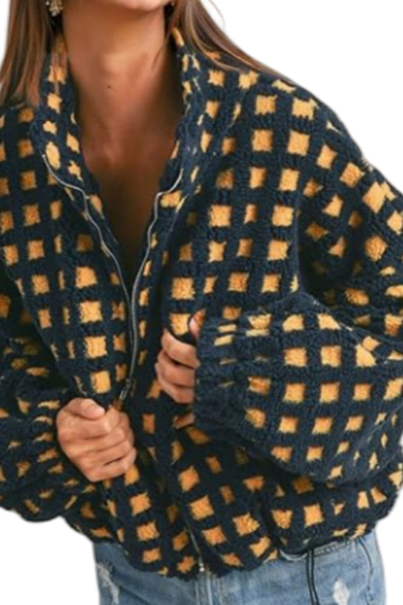 Checkered Zip-Up Casual Coat