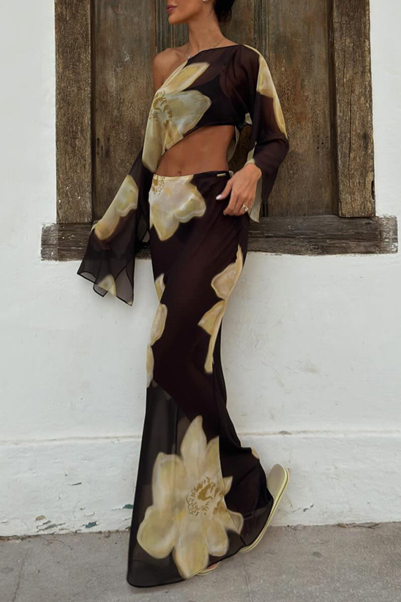 Floral Pattern One-Shoulder Skirt Set