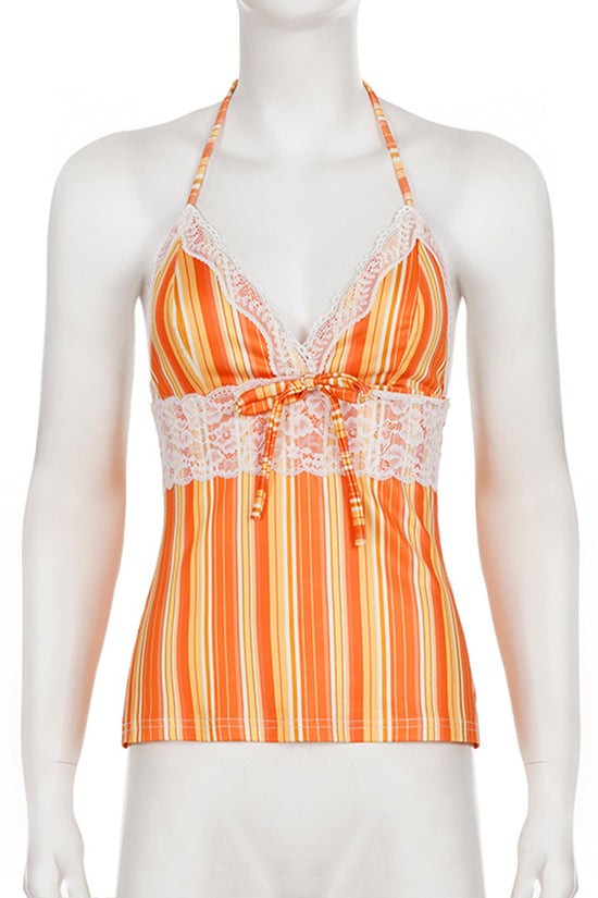 Striped Lace Trim Halter Top