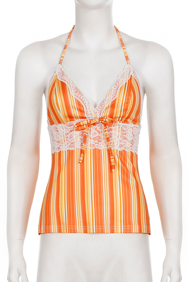Striped Lace Trim Halter Top