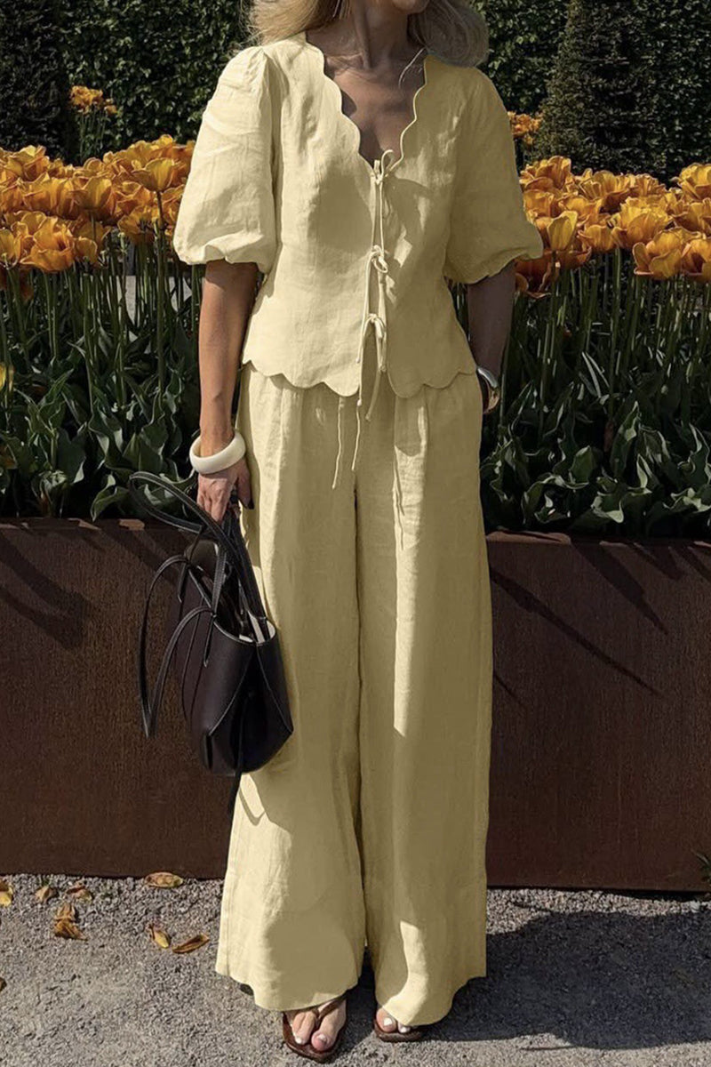 Scalloped Tie-Front Blouse