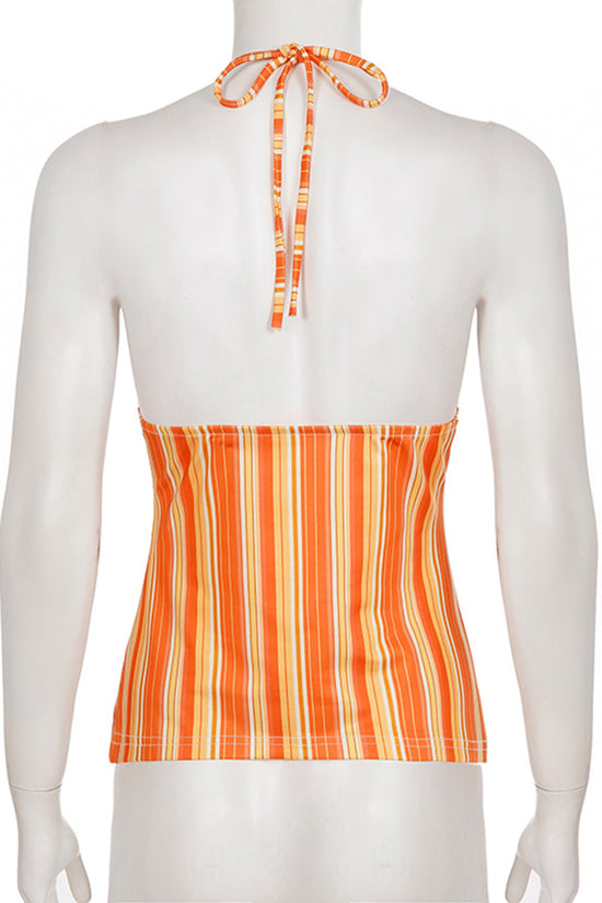 Striped Lace Trim Halter Top