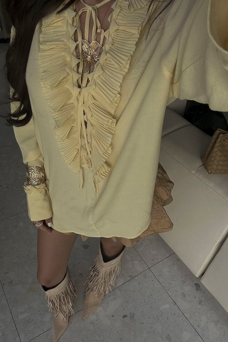 Ruffled V-Neck Long Sleeve Blouse