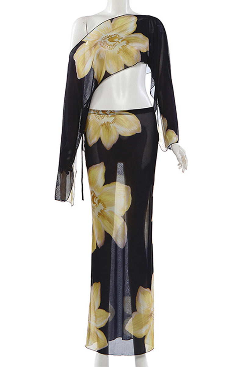 Floral Pattern One-Shoulder Skirt Set