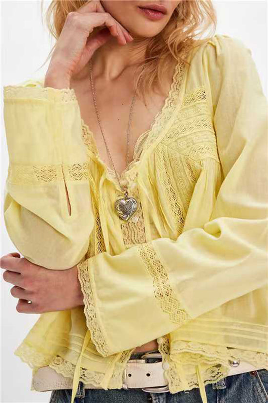 Flowy Lace Trimmed Long Sleeve Blouse