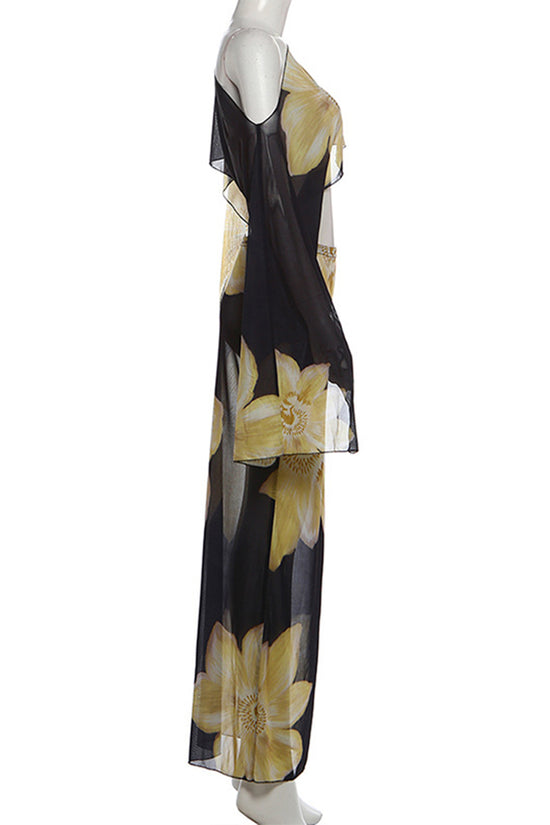 Floral Pattern One-Shoulder Skirt Set