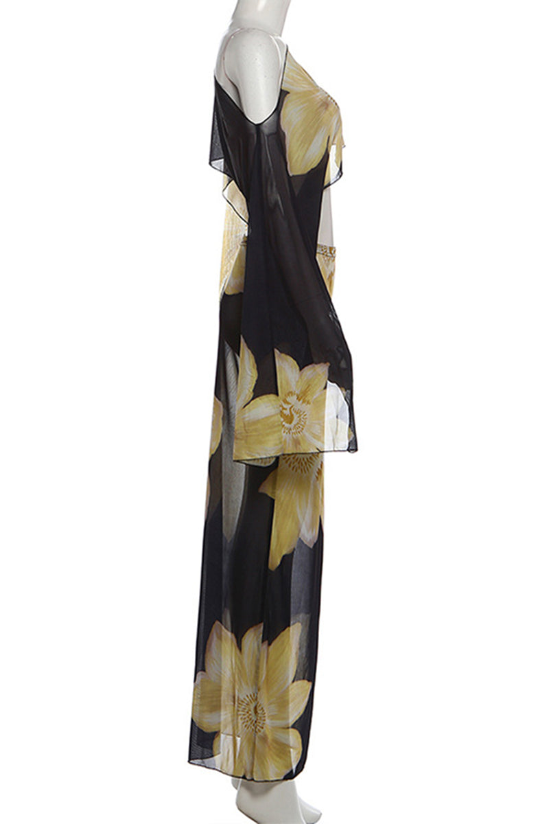 Floral Pattern One-Shoulder Skirt Set