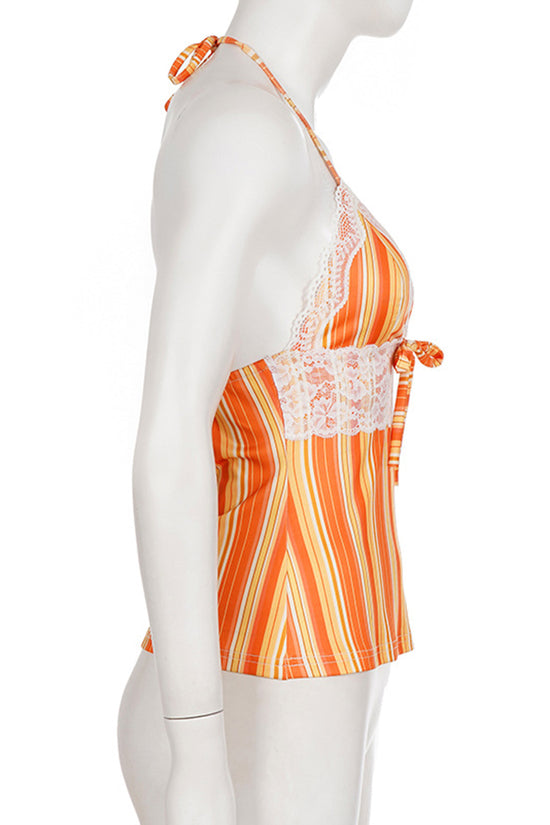 Striped Lace Trim Halter Top