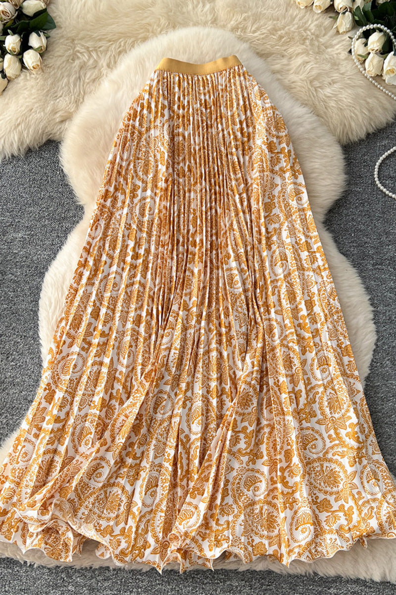 Paisley Pleated Midi Skirt