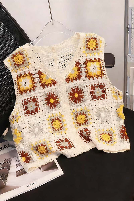 Floral Crochet Button-Up Sweater Vest