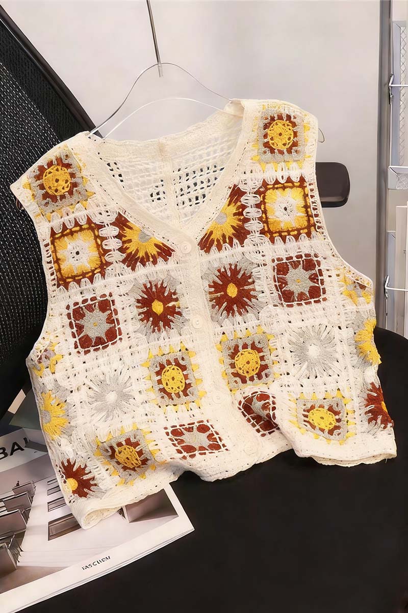 Floral Crochet Button-Up Sweater Vest