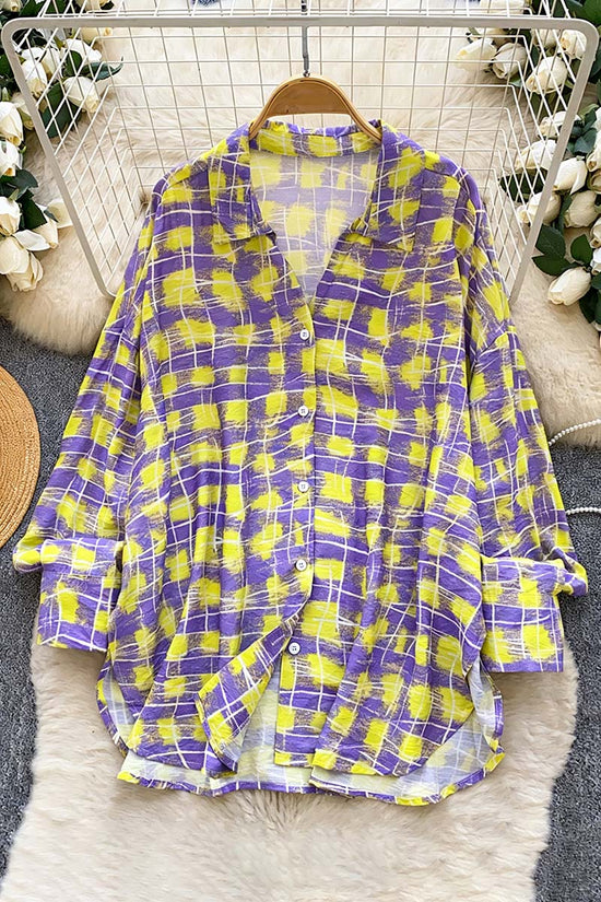 Relaxed Fit Plaid Button-Up Blouse